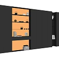 Modern Decorative Cabinet With Grey Wooden Panels And Open Storage Shelves
