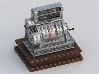 Vintage Commercial Cash Register With Silver Carved Body And Wooden Base 3d model