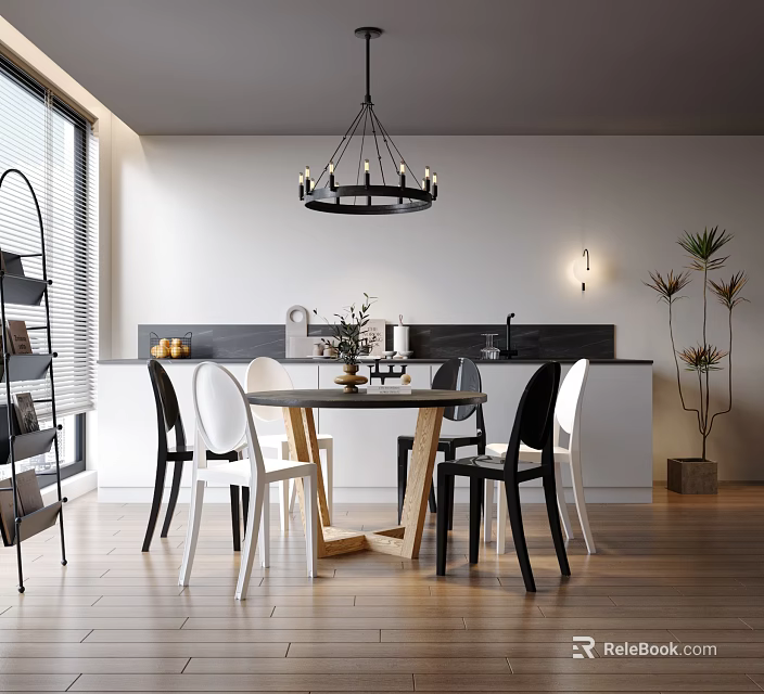 Modern Restaurant Interior With Wooden Dining Table Mixed Chairs Chandelier And Potted Plant 3d model 