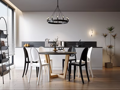 Modern Restaurant Interior With Wooden Dining Table Mixed Chairs Chandelier And Potted Plant 3d model