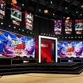 Esports Exhibition Booth with Large Screens Stage and Hanging Banners
