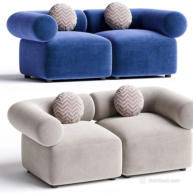 Modern Two-Seater Sofa in Blue and Beige with Herringbone Pattern Pillows 3d model