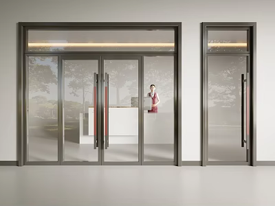 Glass Swing Door With Dark Frame Indoor White Counter And Trees Outside View 3d model