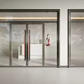 Glass Swing Door With Dark Frame Indoor White Counter And Trees Outside View