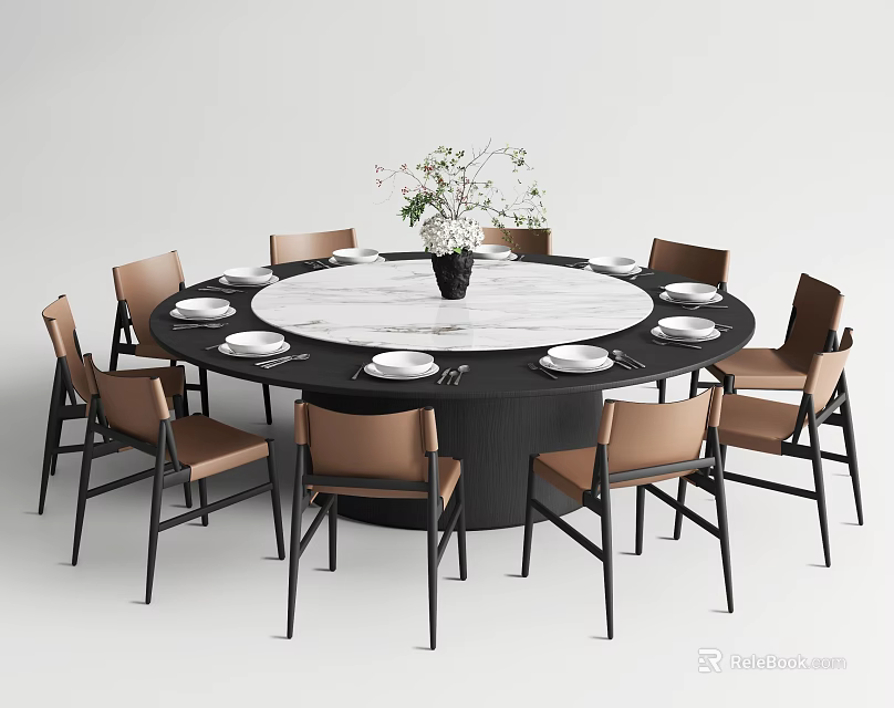 Round Marble Top Table And Chair Set With Black Frame Brown Chairs And Flower Vase 3d model 