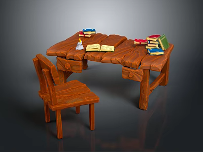 Wooden Study Desk And Chair Set With Stacked Books And Table Lamp 3d model