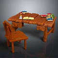 Wooden Study Desk And Chair Set With Stacked Books And Table Lamp