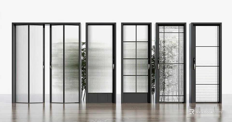Stylish Interior Doors With Various Glass Panel Designs And Black Frames 3d model