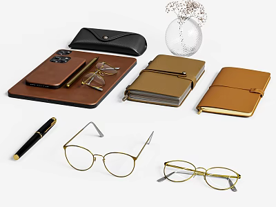 Everyday Personal Accessories Including Mobile Phone Glasses Notebooks Pen Wallet And Vase 3d model