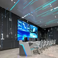 Modern Control Room With Multiple Screens Control Desk Data Display Blue Lighting And Digital Walls 3d model