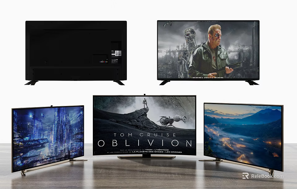 Modern Ultra Thin Televisions With Curved Screens Displaying Movie Scenes And Scenic Views 3d model 