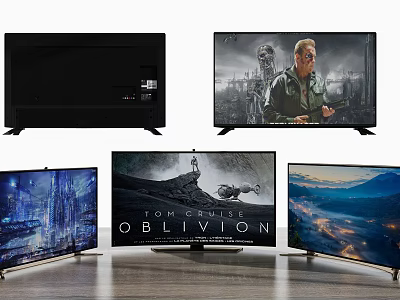 Modern Ultra Thin Televisions With Curved Screens Displaying Movie Scenes And Scenic Views 3d model