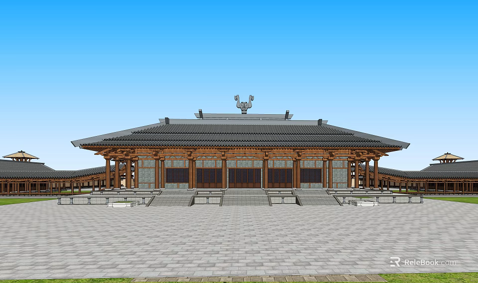 Traditional Ancient Chinese Architecture With Large Wooden Roof Stone Steps And Open Square 3d model 