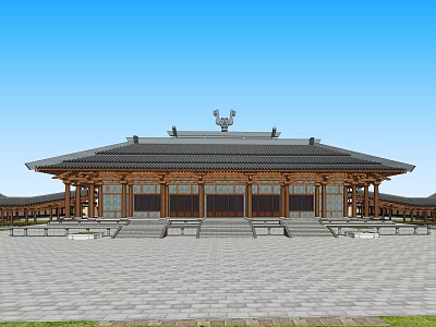 Traditional Ancient Chinese Architecture With Large Wooden Roof Stone Steps And Open Square 3d model