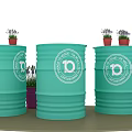 Interactive Zone With Green Barrels White Logos And Small Potted Plants 3d model