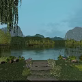 Serene Lakeside Natural Landscape With Calm Lake Distant Mountains Dense Forests And Lush Green Plants
