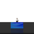 Blue Modern Reception Desk With OTPAY Logo And Person Standing Behind