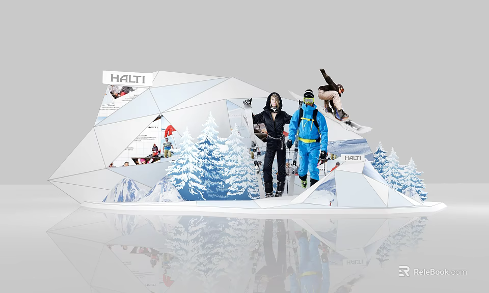HALTI Ski Display With Mannequins Snowy Pine Trees And Ski Equipment 3d model 