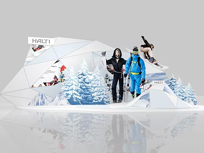 HALTI Ski Display With Mannequins Snowy Pine Trees And Ski Equipment 3d model