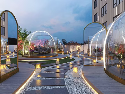Modern Outdoor Lounge With Transparent Domes Stone Path And Evening Lighting 3d model