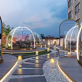 Modern Outdoor Lounge With Transparent Domes Stone Path And Evening Lighting 3d model