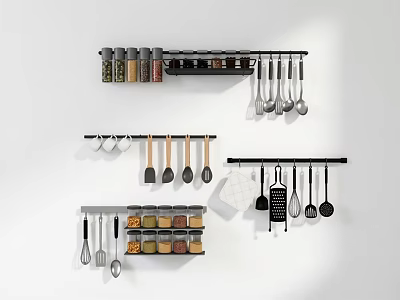 Wall Mounted Kitchen Utensil Set With Spice Jars Cooking Tools And Hanging Organizers 3d model