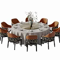 Elegant Round Dining Table Set with Brown Patterned Chairs and Decorative Vase 3d model