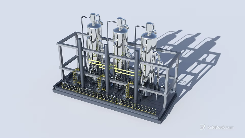 Industrial Processing Equipment With Three Silver Tanks Metal Framework And Pipes 3d model 