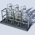 Industrial Processing Equipment With Three Silver Tanks Metal Framework And Pipes