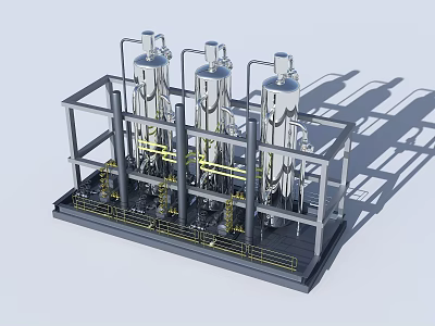 Industrial Processing Equipment With Three Silver Tanks Metal Framework And Pipes 3d model