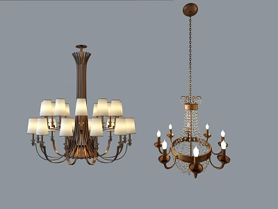 Vintage Style Chandeliers With Multiple Arms Fabric Shades Crystal Accents And Candle Style Bulbs 3d model