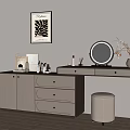 Modern Minimalist Dressing Table With Round Mirror Padded Stool Drawers And Cabinets 3d model