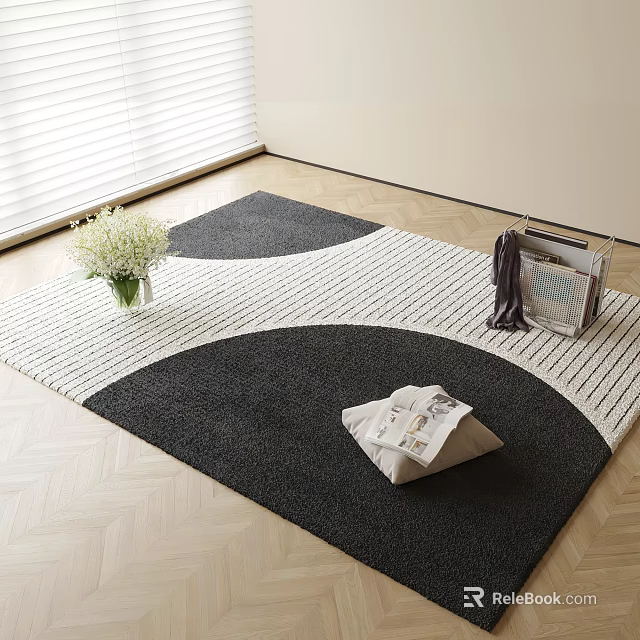 Square Black And White Carpet With Curved Pattern On Wooden Floor With Vase And Magazines 3d model 