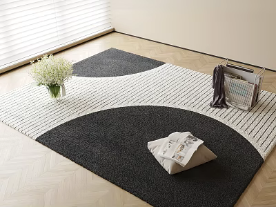 Square Black And White Carpet With Curved Pattern On Wooden Floor With Vase And Magazines 3d model