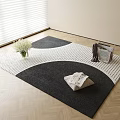 Square Black And White Carpet With Curved Pattern On Wooden Floor With Vase And Magazines