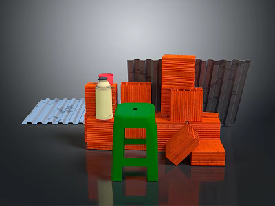 Construction Materials Setup With Orange Bricks Green Stool Spray Can Corrugated Sheets And Fence Panels 3d model