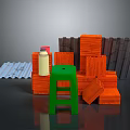 Construction Materials Setup With Orange Bricks Green Stool Spray Can Corrugated Sheets And Fence Panels