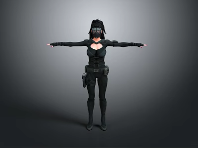 Woman In Black Tight Outfit With Mask And Tactical Belt Pouch Arms Outstretched 3d model