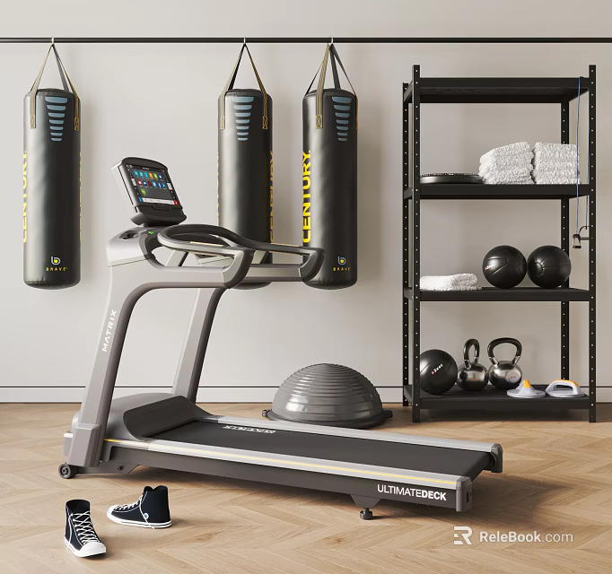 Home Gym Sports Equipment With Treadmill Punching Bags Dumbbells Medicine Balls Exercise Ball On Shelf 3d model 