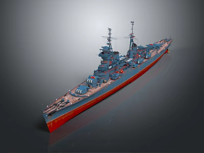 Large Detailed Warship Model Featuring Multiple Turrets Masts And Naval Deck Equipment 3d model