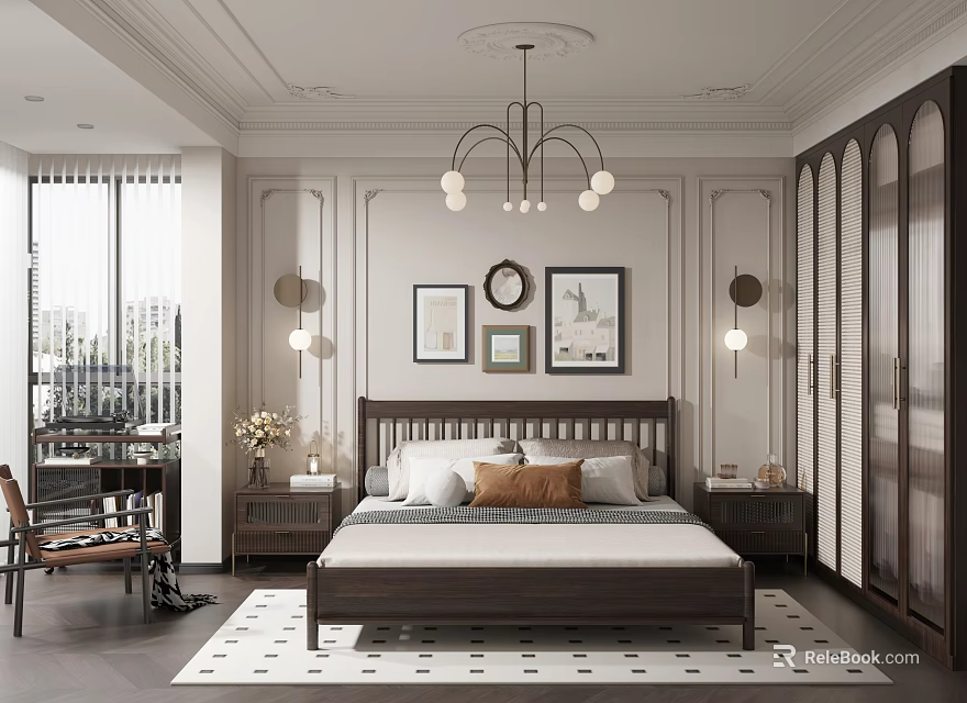 Elegant Modern Bedroom Interior With Dark Bed Frame Nightstands Chandelier Wall Art And Rug 3d model 