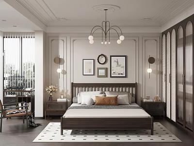 Elegant Modern Bedroom Interior With Dark Bed Frame Nightstands Chandelier Wall Art And Rug 3d model