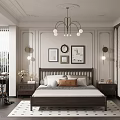 Elegant Modern Bedroom Interior With Dark Bed Frame Nightstands Chandelier Wall Art And Rug