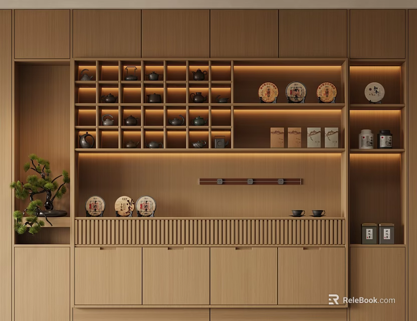 Natural Wooden Sideboard With Shelves Plates Tea Sets And Drawers Storage Design 3d model 
