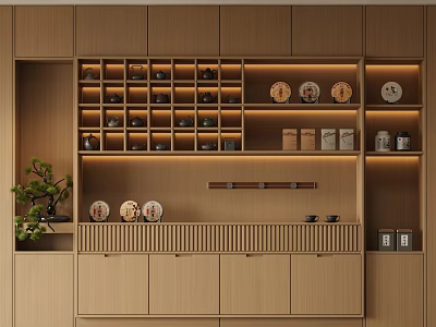Natural Wooden Sideboard With Shelves Plates Tea Sets And Drawers Storage Design 3d model
