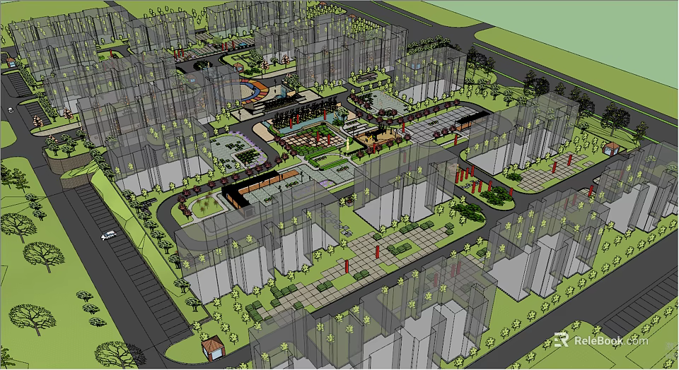 Residential Community Landscape Design with Central Green Spaces and Walkways 3d model 