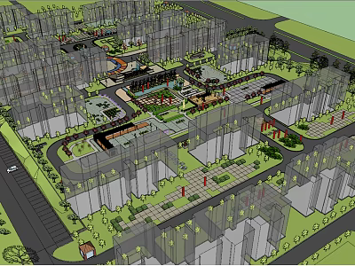 Residential Community Landscape Design with Central Green Spaces and Walkways 3d model