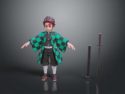 Anime Character In Green Checkered Coat With Black Pants And Katana Sword 3d model