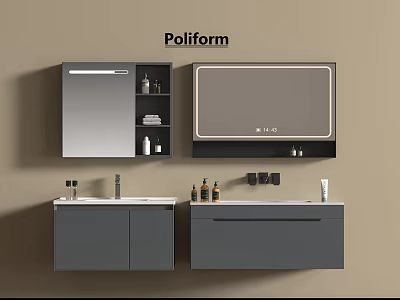 Poliform Modern Bathroom Vanity With Gray Cabinets Mirror And Storage Accessories 3d model