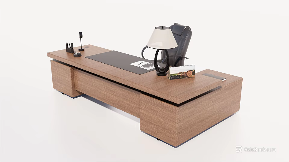 Wooden Office Desk with Table Lamp Telephone Pen Holder and Black Chair 3d model 